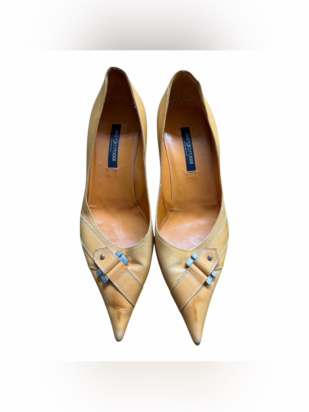 Sergio Rossi Mustard Leather Pointed Toe Pumps with Buckle Accent